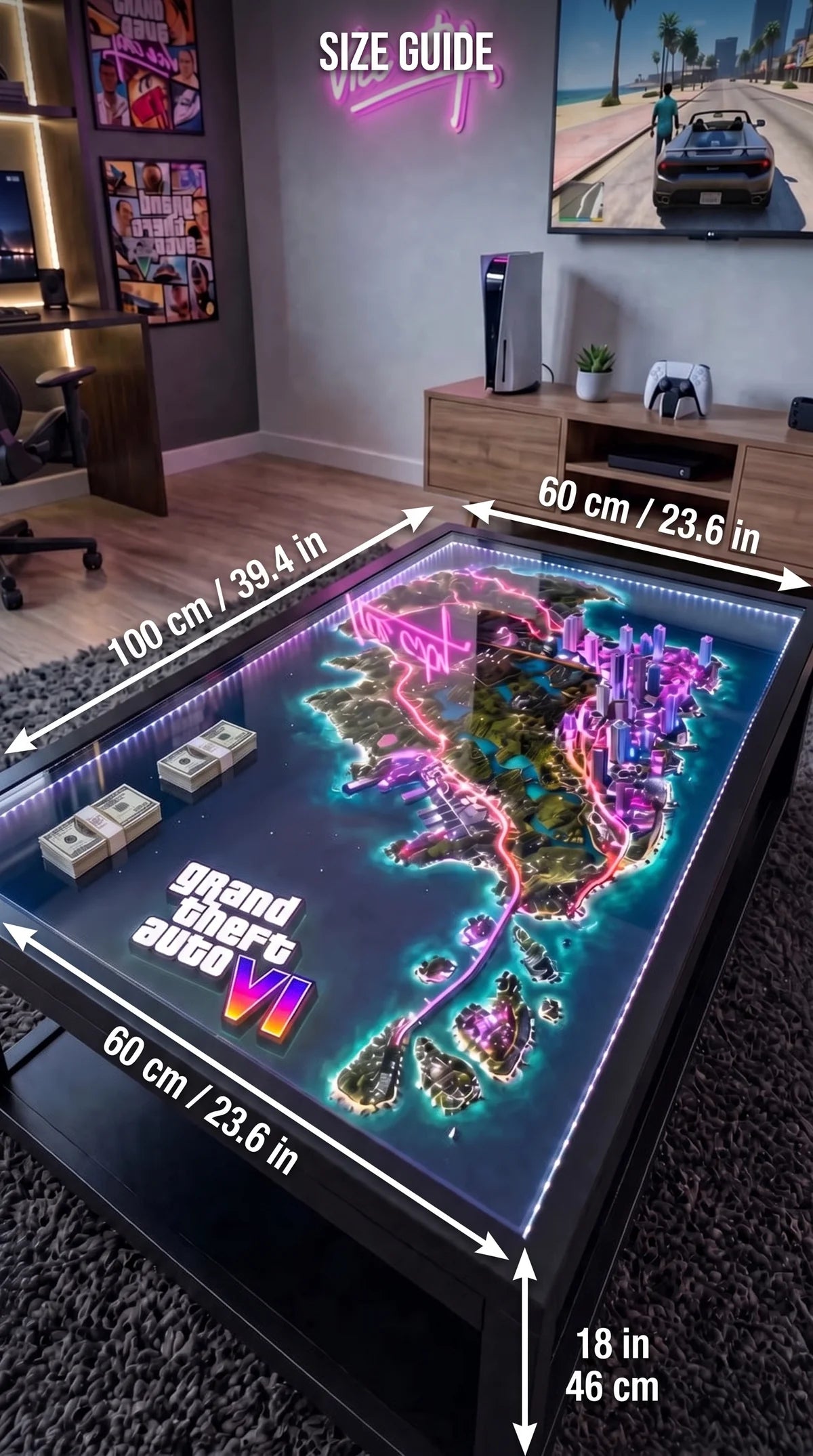 ViceCity - Tavolino da salotto LED con mappa al neon