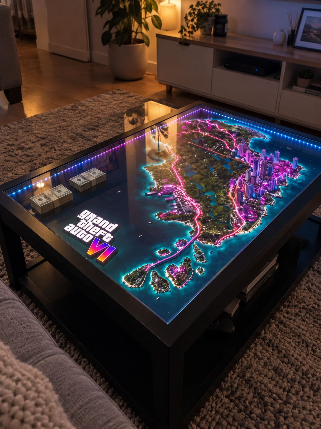 ViceCity - Tavolino da salotto LED con mappa al neon